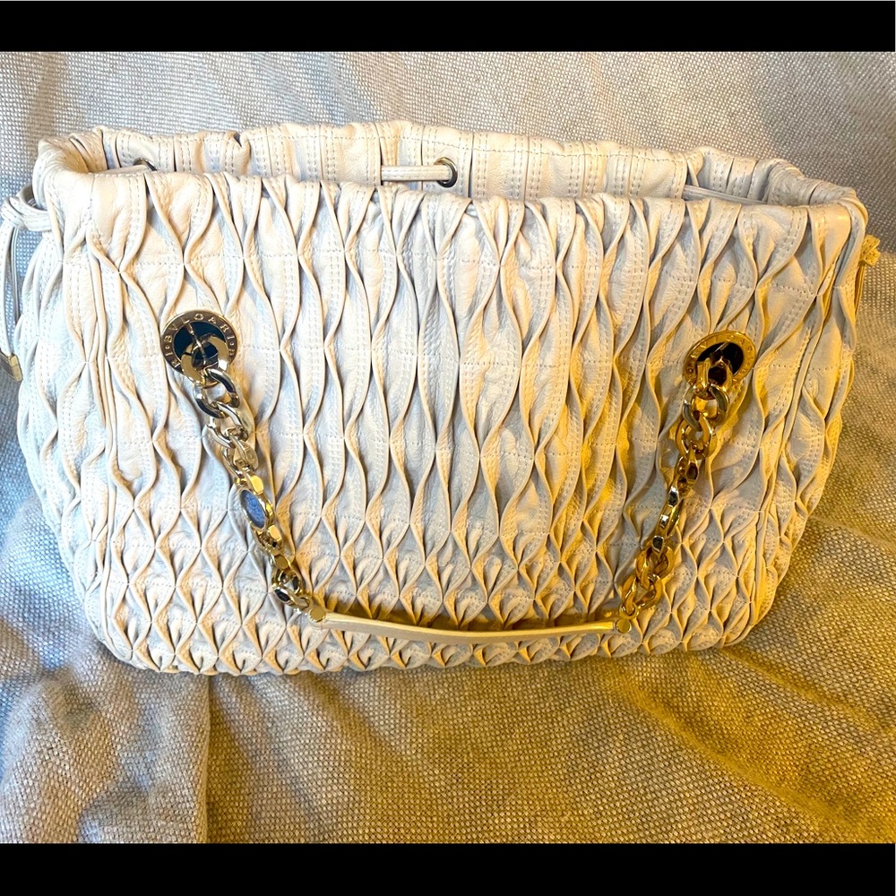 Bvlgari white pleated leather handbag